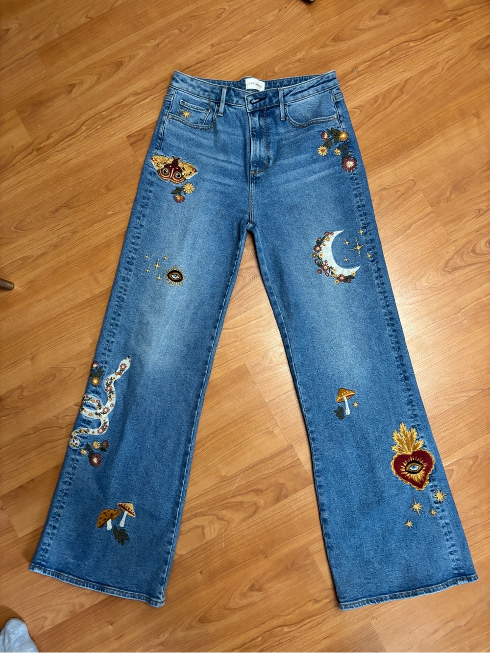 DRIFTWOOD Blue Embroidered Wide-Leg Jeans with Celestial & Floral Motifs